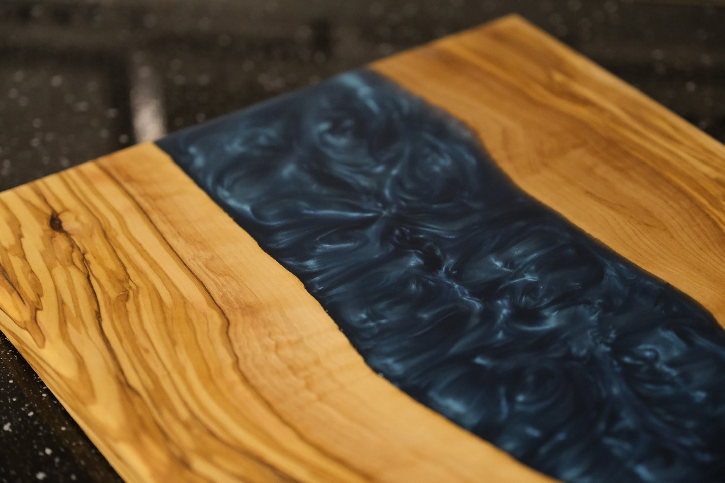 Handmade Olive Wood Epoxy River Cutting Board: Navy Blue Resin Charcuterie Board