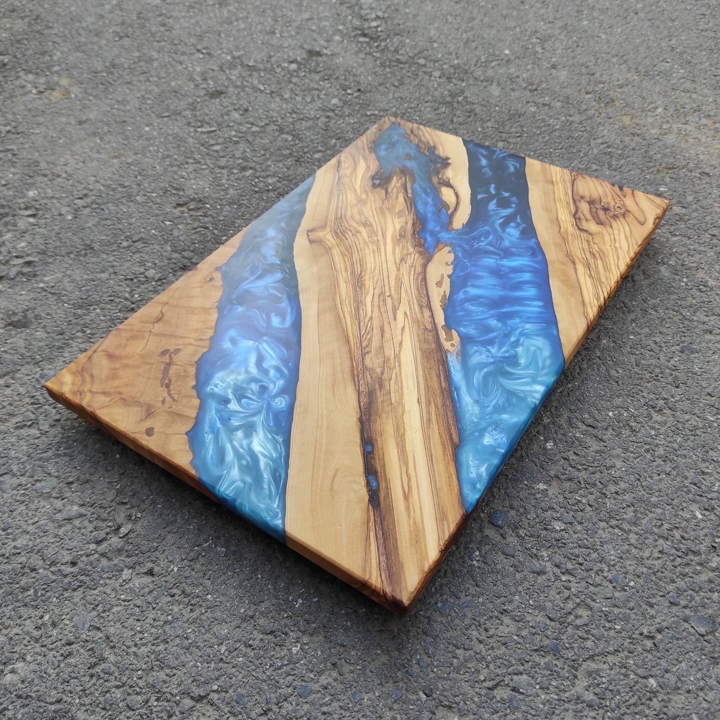Handmade Olive Wood Charcuterie Board: Blue Resin River Design