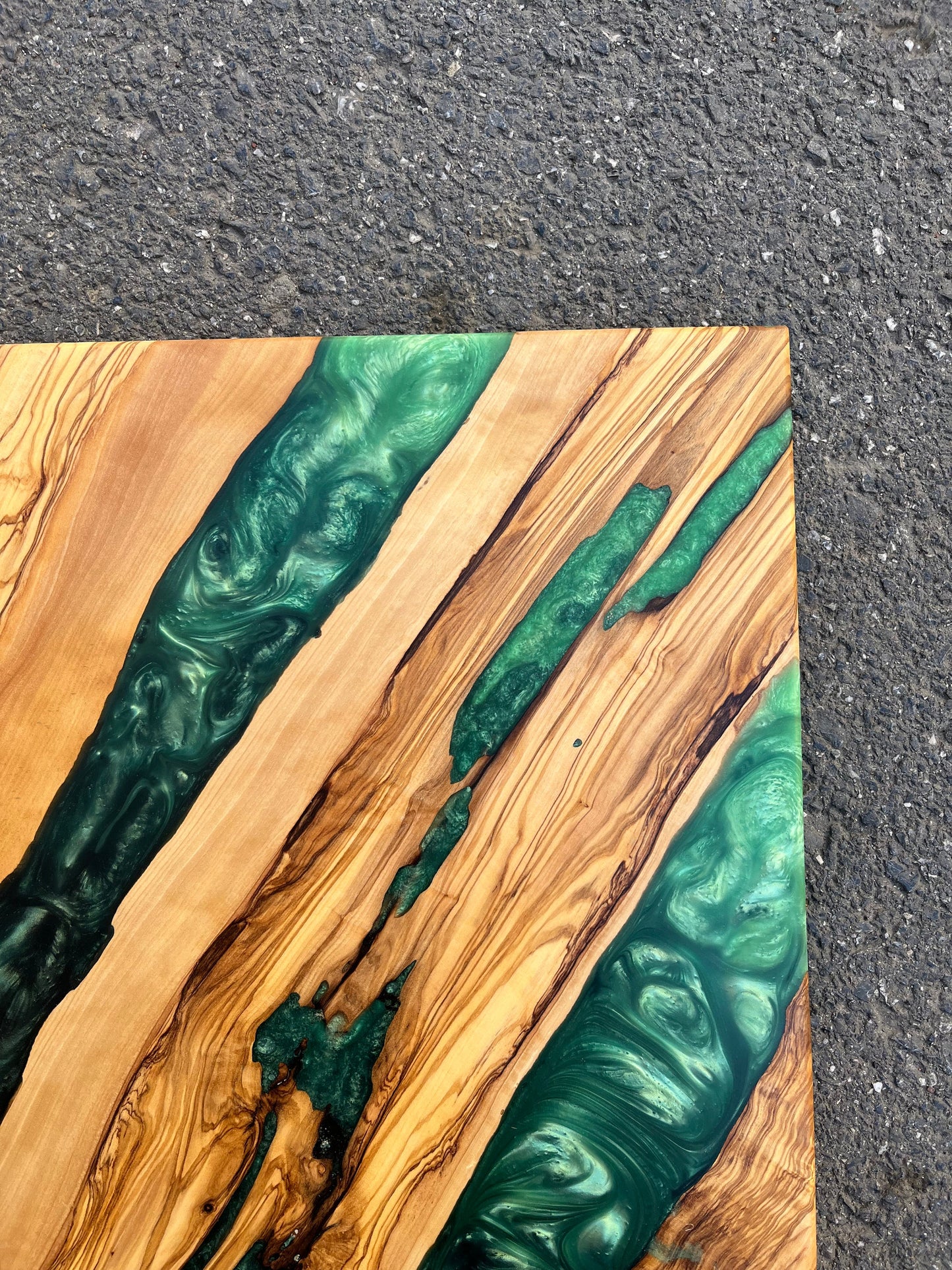 Handmade Olive Wood Charcuterie Board: Green Epoxy Resin River