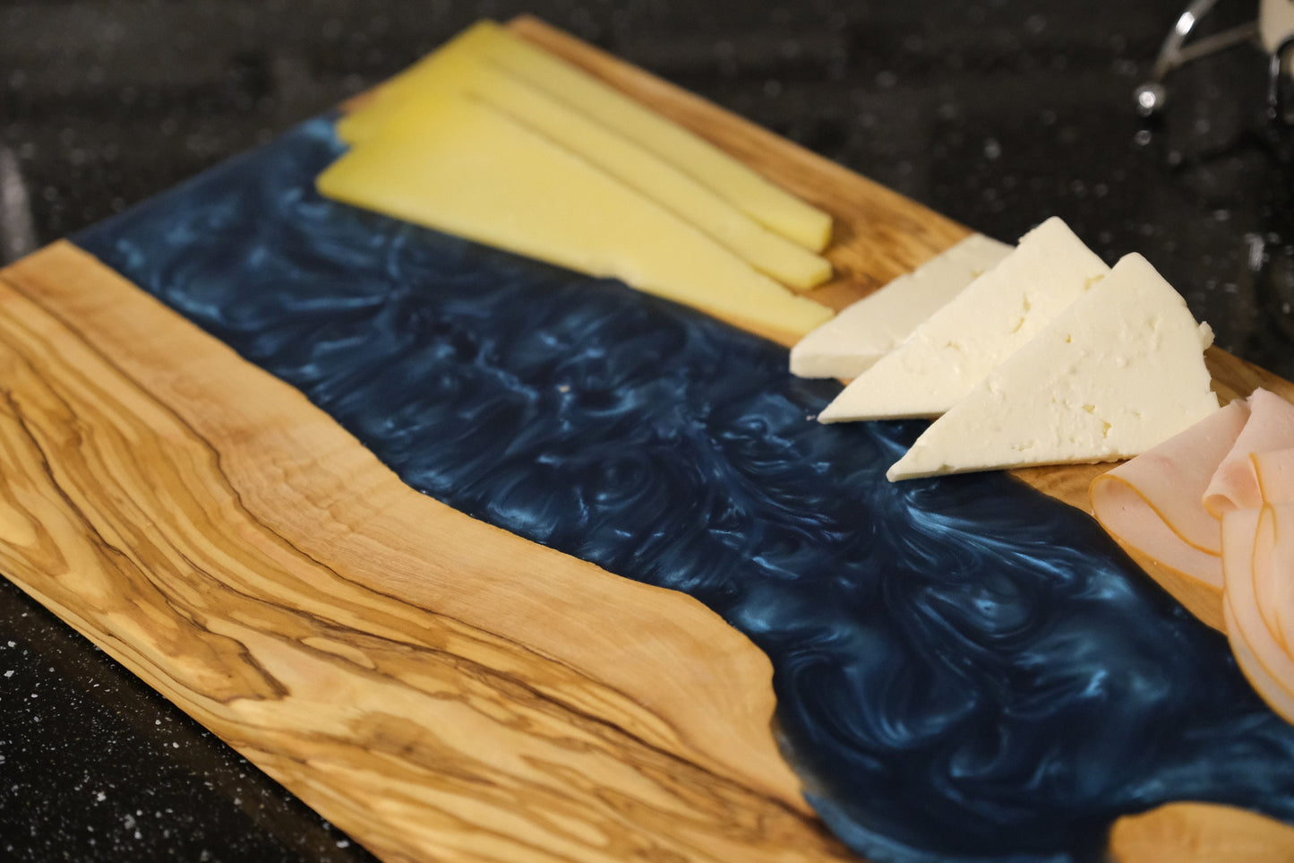Handmade Olive Wood Epoxy River Cutting Board: Navy Blue Resin Charcuterie Board