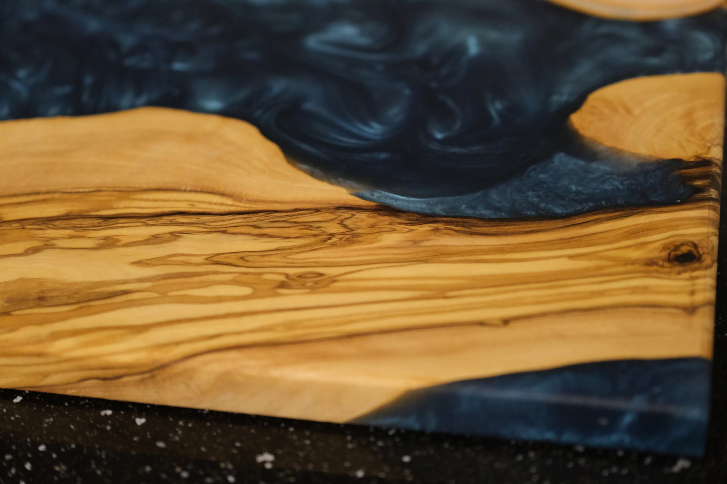 Handmade Olive Wood Epoxy River Cutting Board: Navy Blue Resin Charcuterie Board