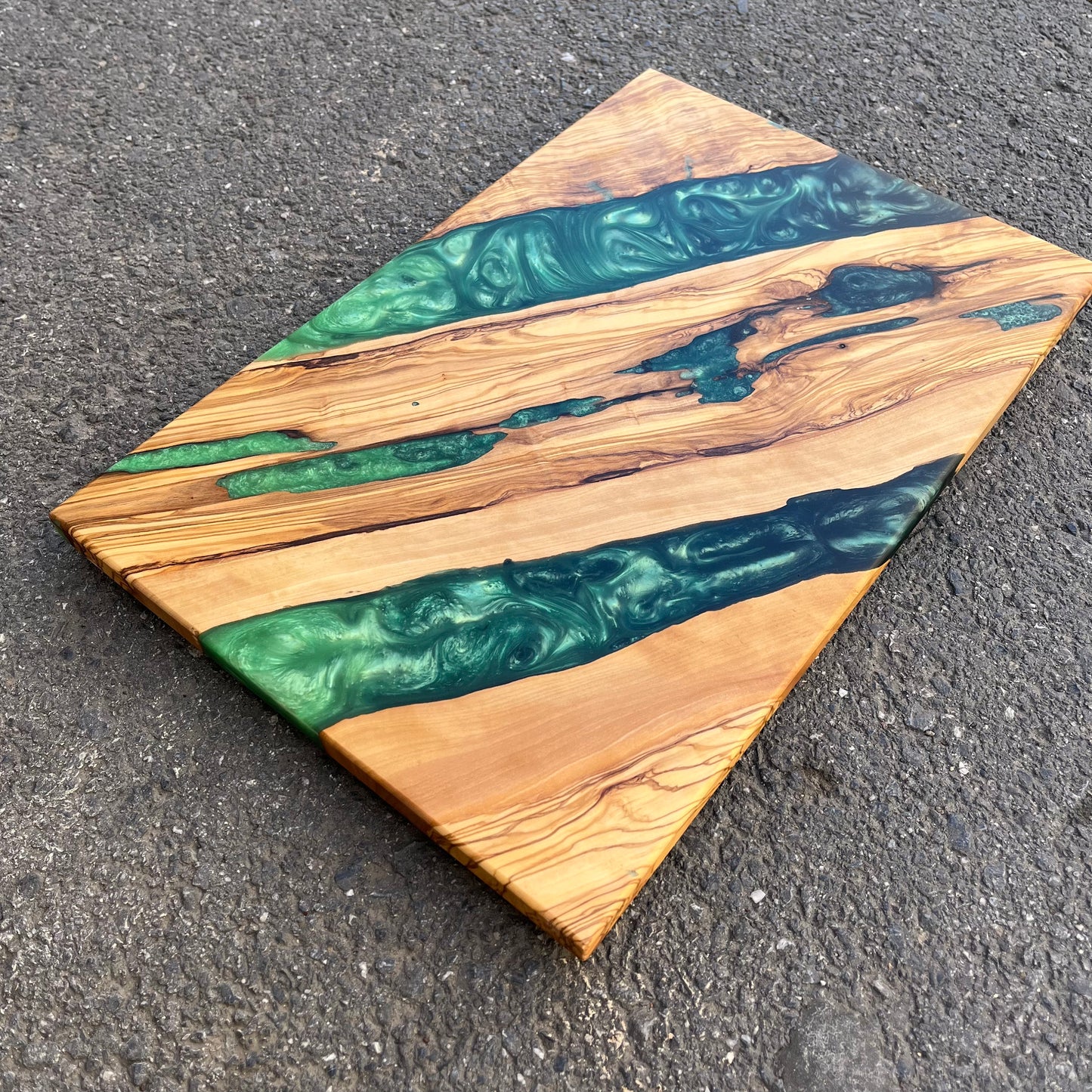 Handmade Olive Wood Charcuterie Board: Green Epoxy Resin River