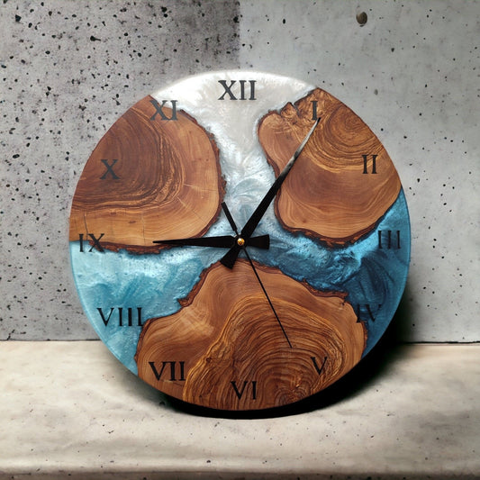 Handmade Olive Wood Resin Wall Clock: Unique Epoxy Decor