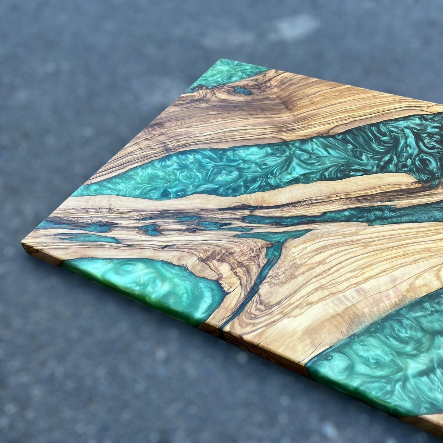 Handmade Olive Wood Charcuterie Board: Blue Resin River Serving Board