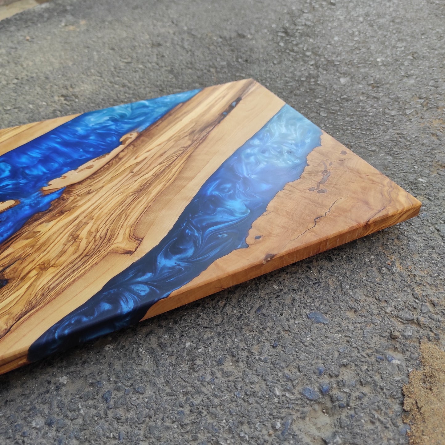 Handmade Olive Wood Charcuterie Board: Blue Resin River Design