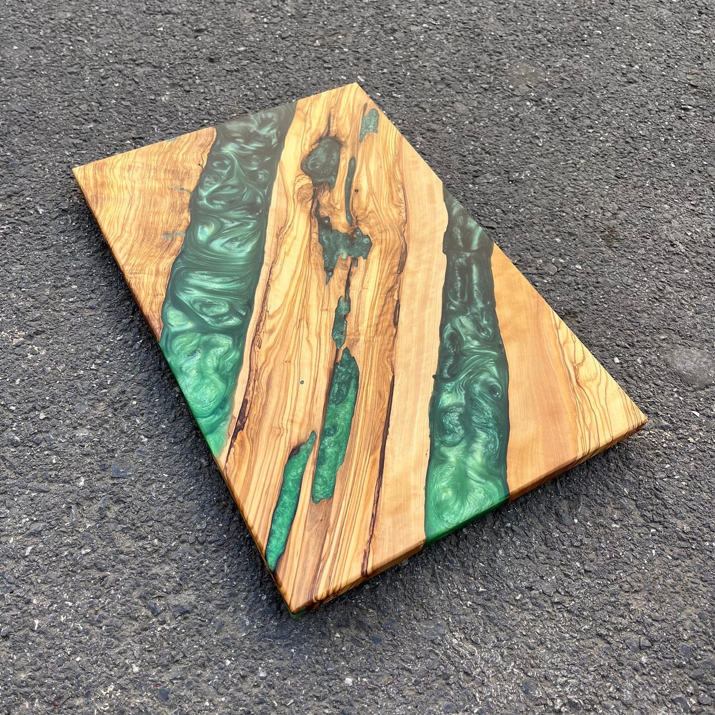 Handmade Olive Wood Charcuterie Board: Green Epoxy Resin River