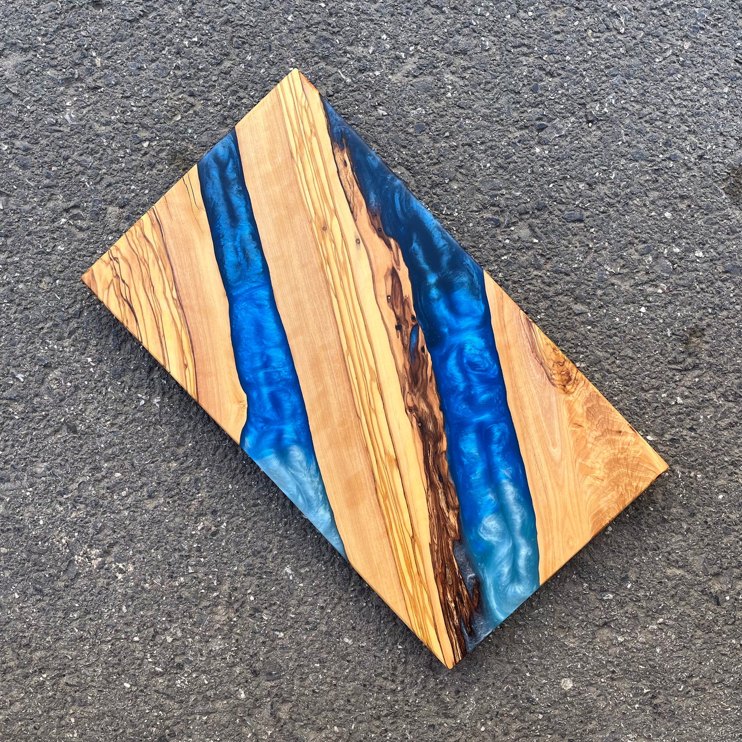 Handmade Olive Wood Charcuterie Board: Blue Resin River Design