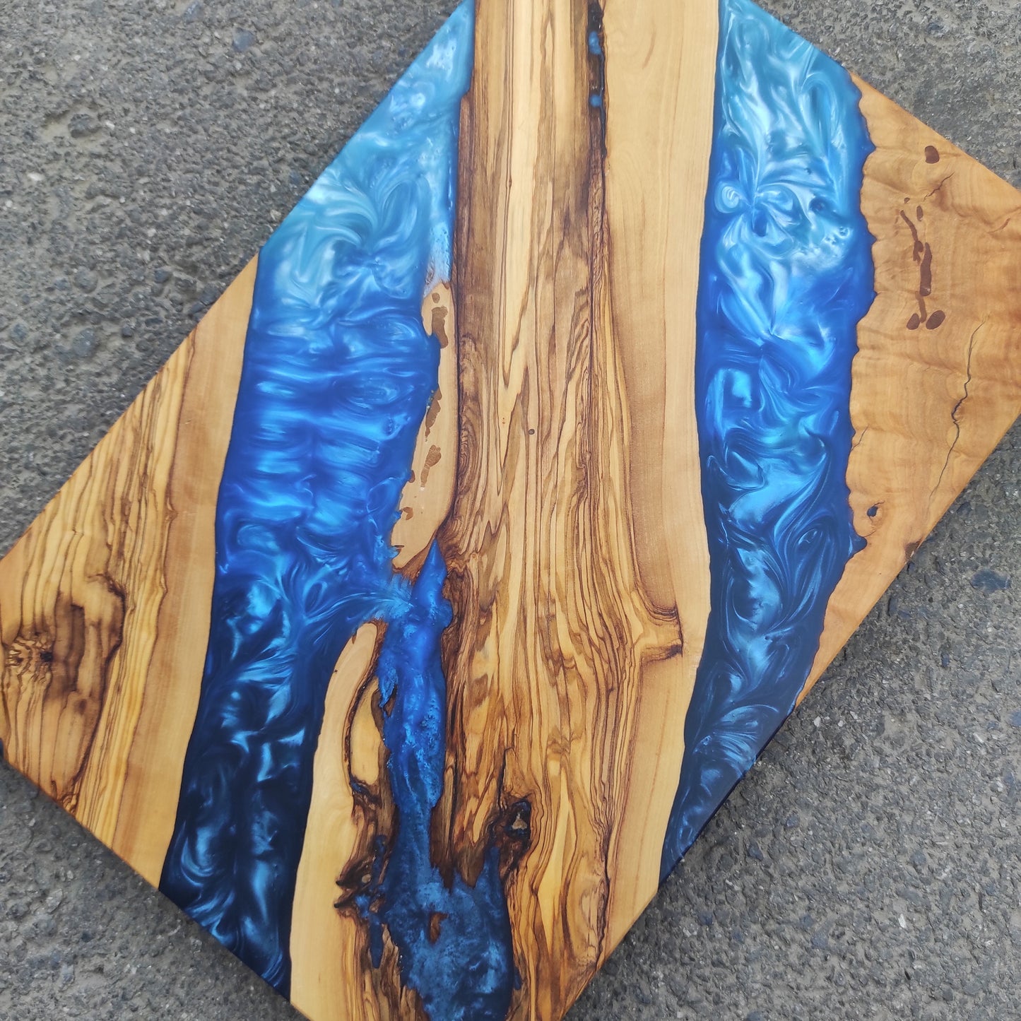 Handmade Olive Wood Charcuterie Board: Blue Resin River Design