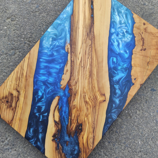 Handmade Olive Wood Charcuterie Board: Blue Resin River Design