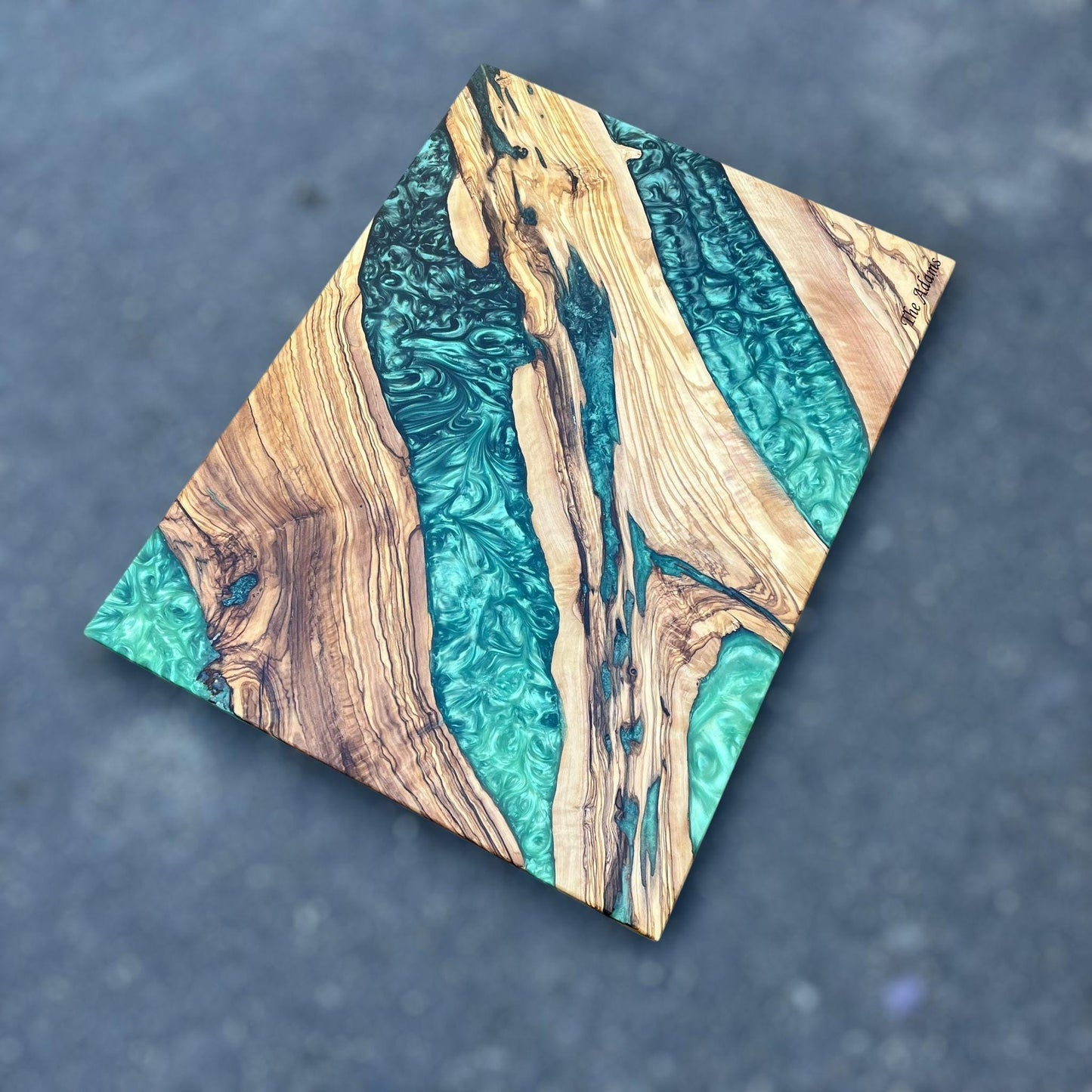 Handmade Olive Wood Charcuterie Board: Blue Resin River Serving Board