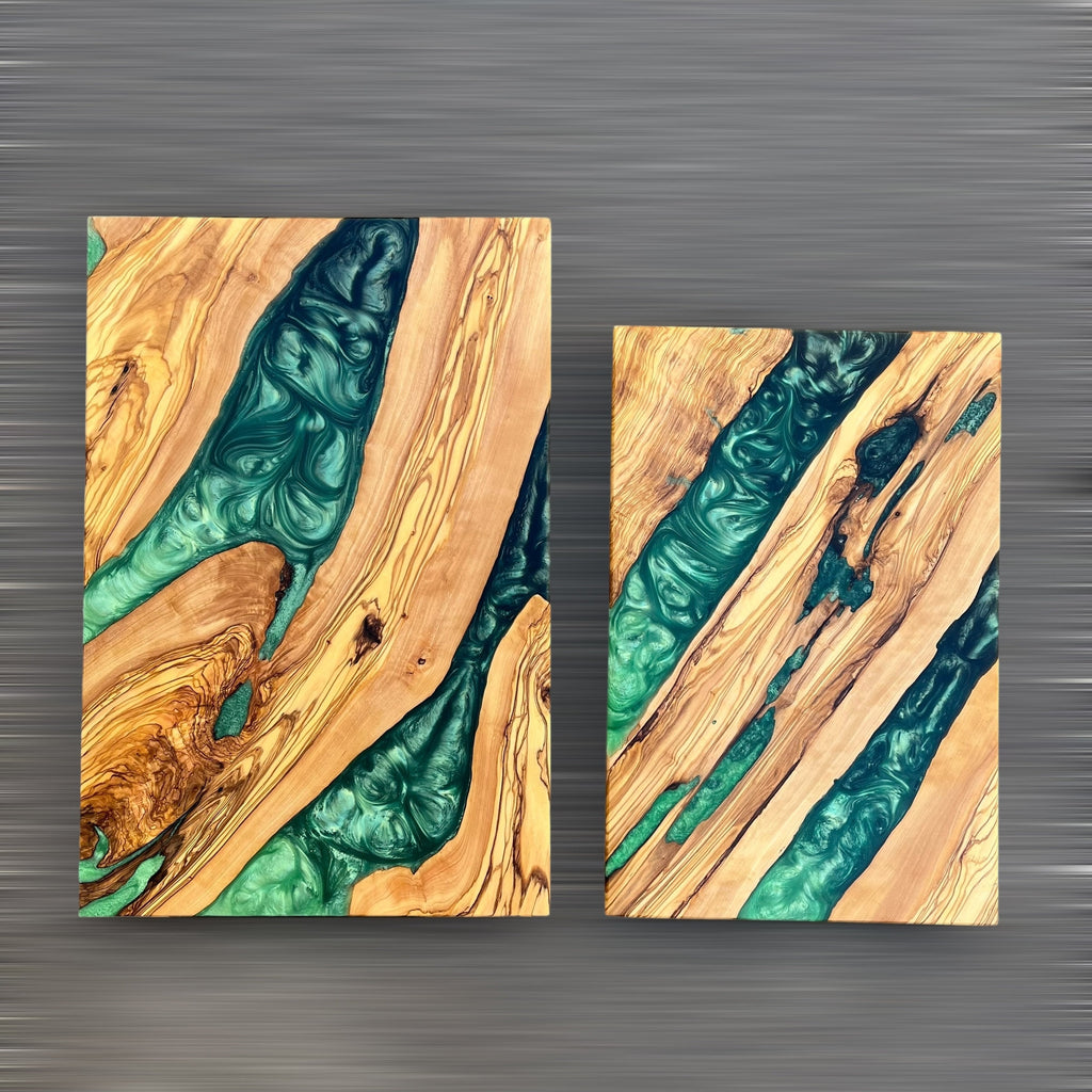 Handmade Olive Wood Charcuterie Board: Green Epoxy Resin River