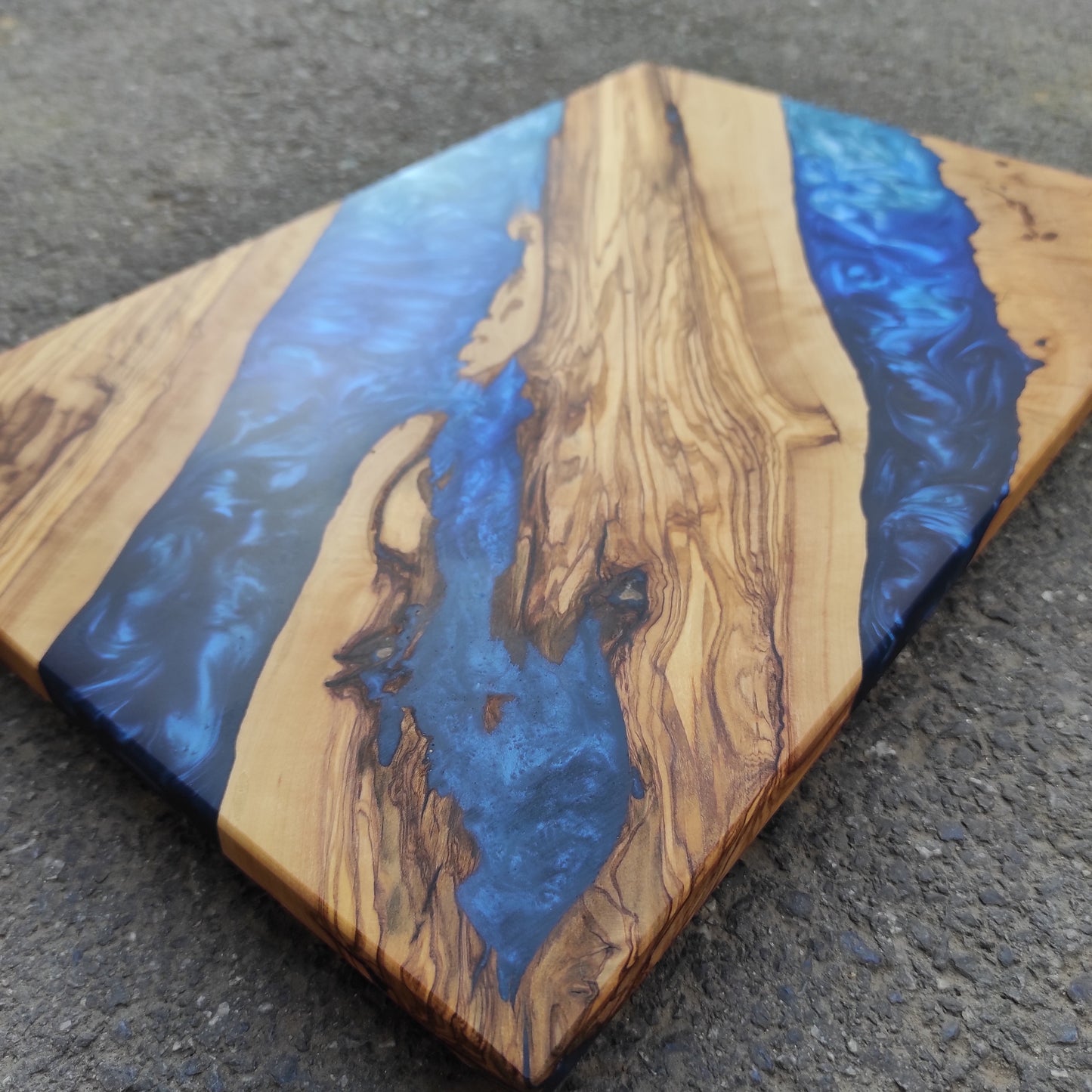 Handmade Olive Wood Charcuterie Board: Blue Resin River Design