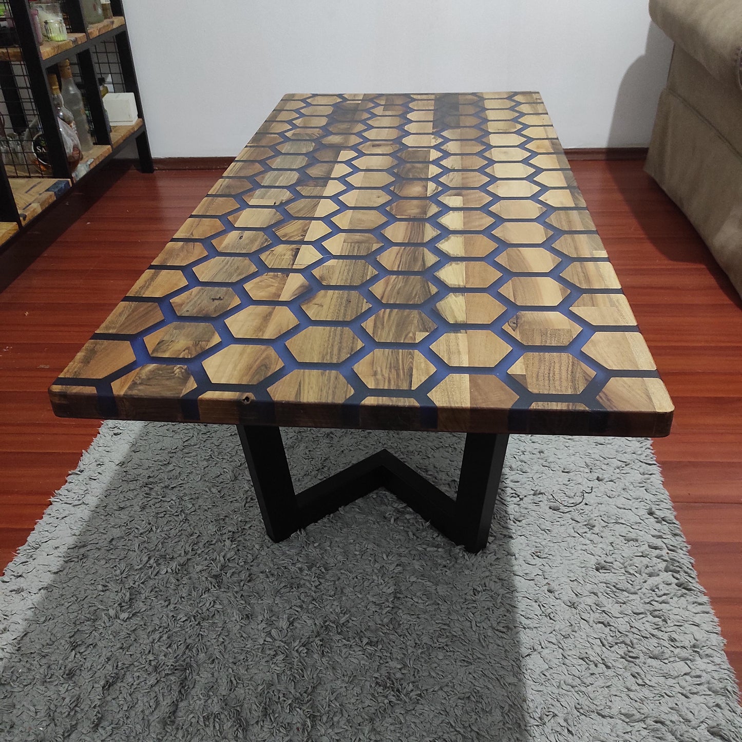 Handmade Hexagonal Olive Wood Coffee Table with Epoxy Resin