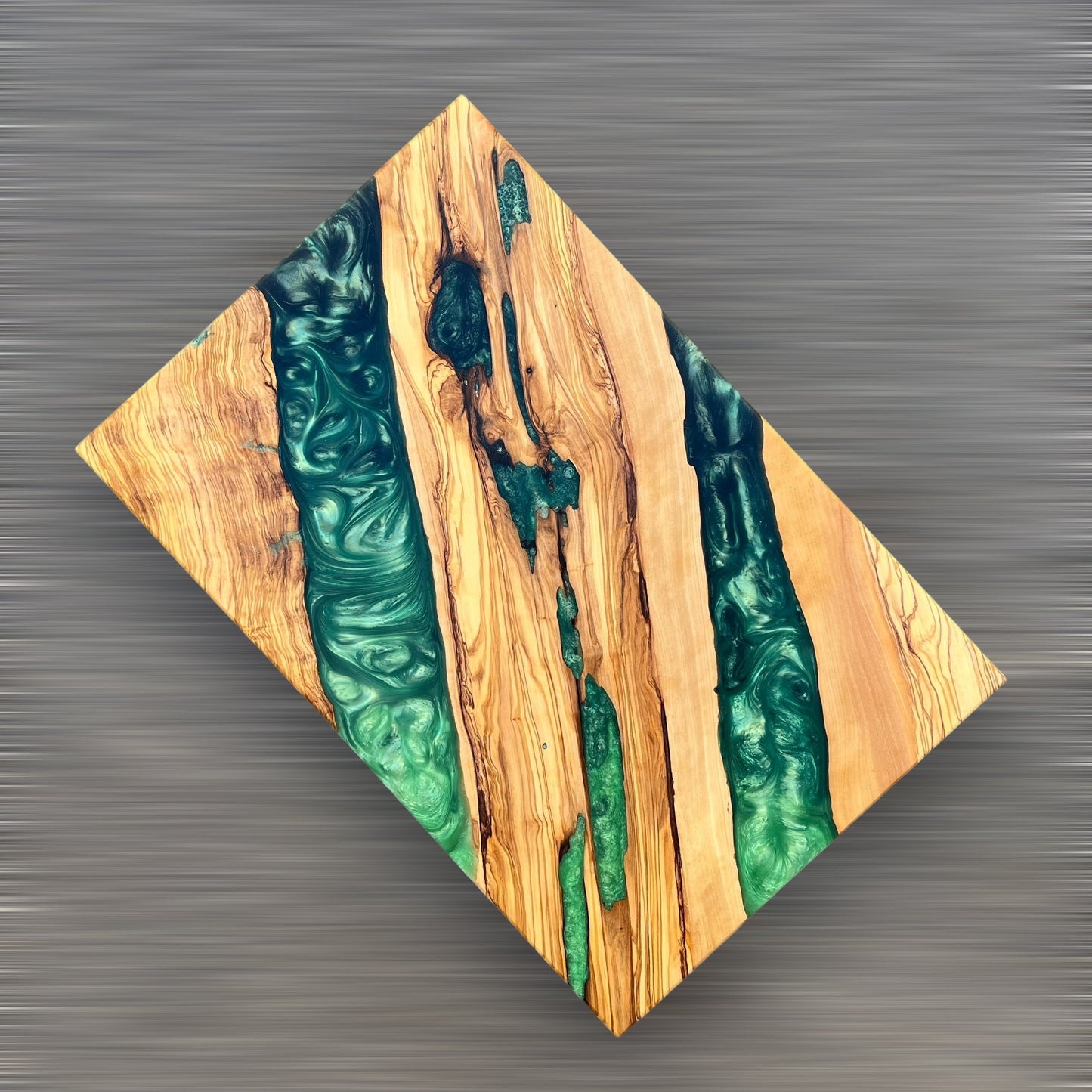 Handmade Olive Wood Charcuterie Board: Green Epoxy Resin River