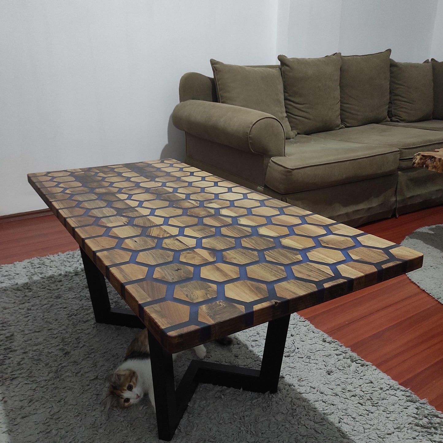 Handmade Hexagonal Olive Wood Coffee Table with Epoxy Resin
