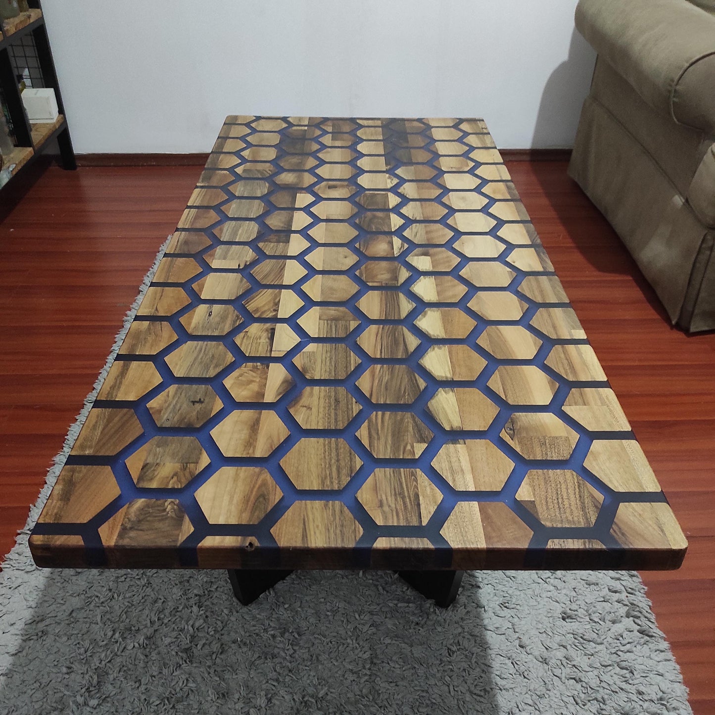 Handmade Hexagonal Olive Wood Coffee Table with Epoxy Resin