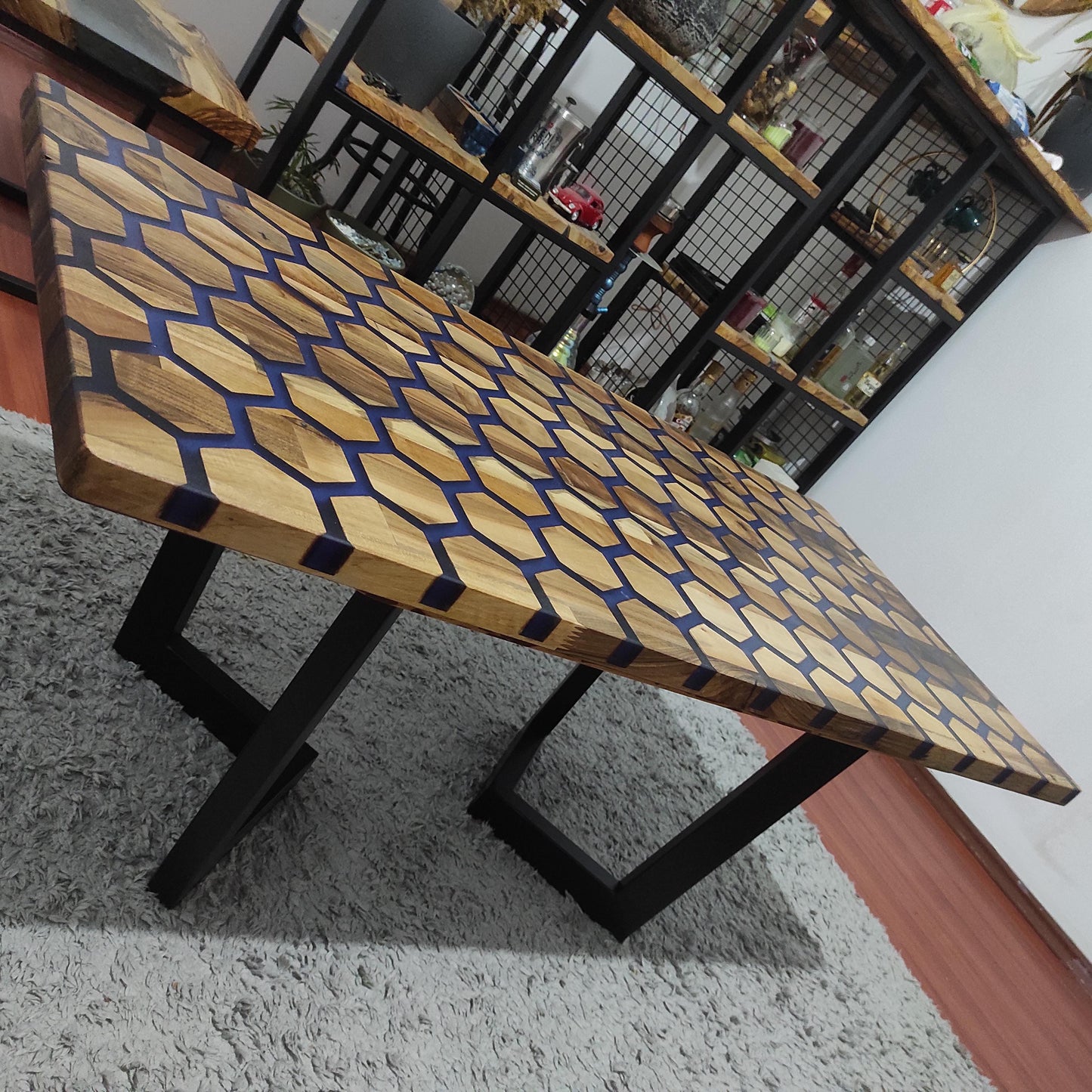 Handmade Hexagonal Olive Wood Coffee Table with Epoxy Resin