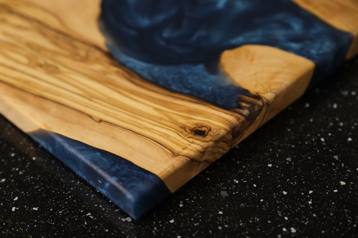 Handmade Olive Wood Epoxy River Cutting Board: Navy Blue Resin Charcuterie Board