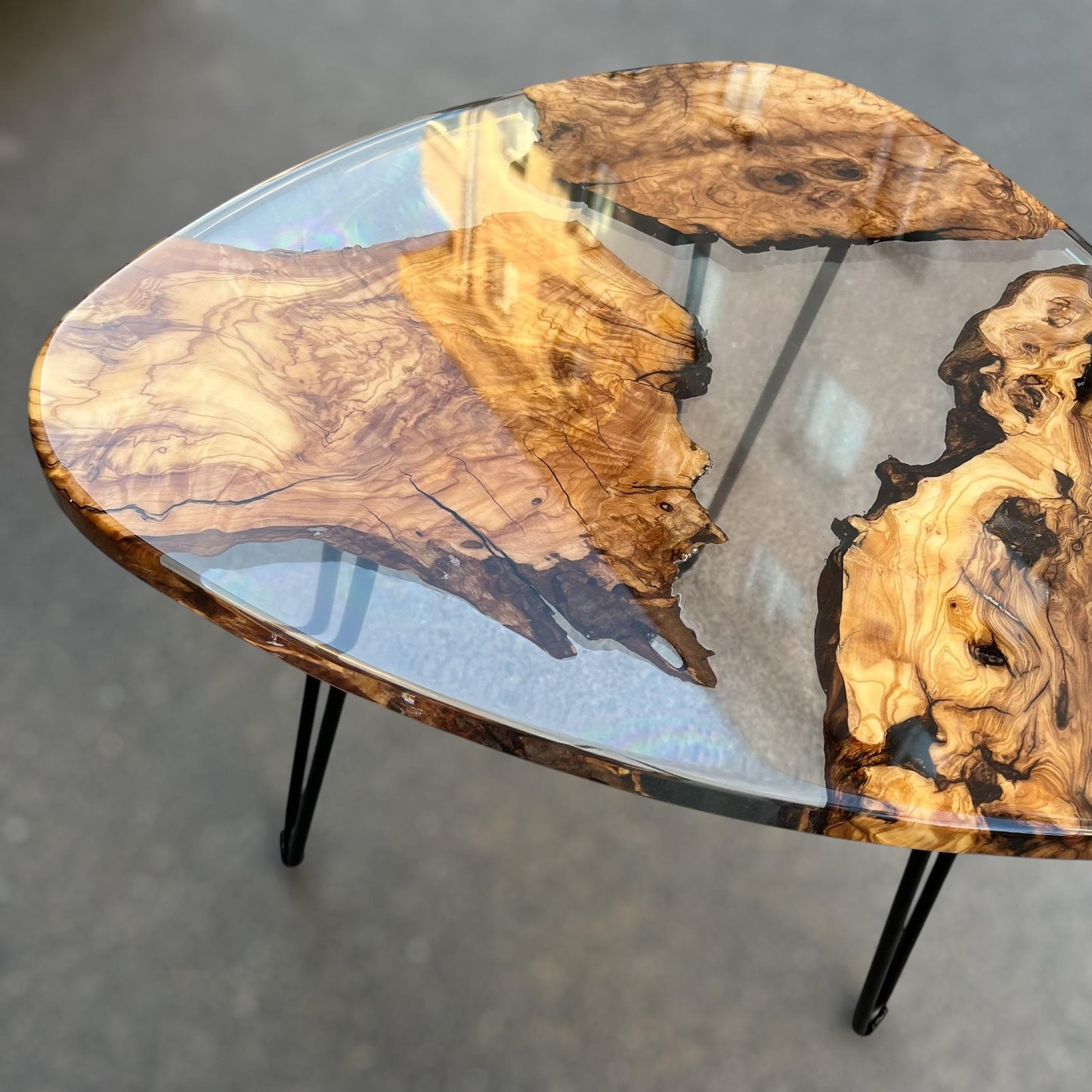 Triangle Olive Wood Coffee Table: Modern Epoxy Resin Accent Table