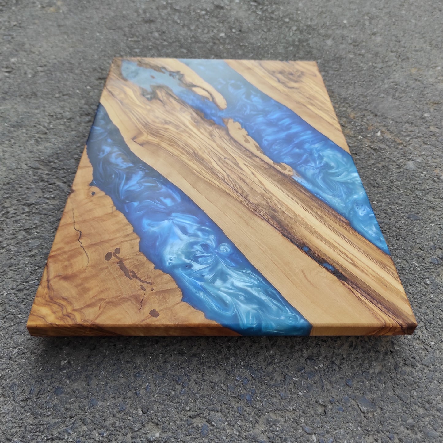 Handmade Olive Wood Charcuterie Board: Blue Resin River Design