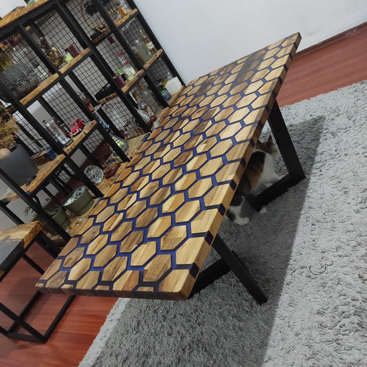 Handmade Hexagonal Olive Wood Coffee Table with Epoxy Resin