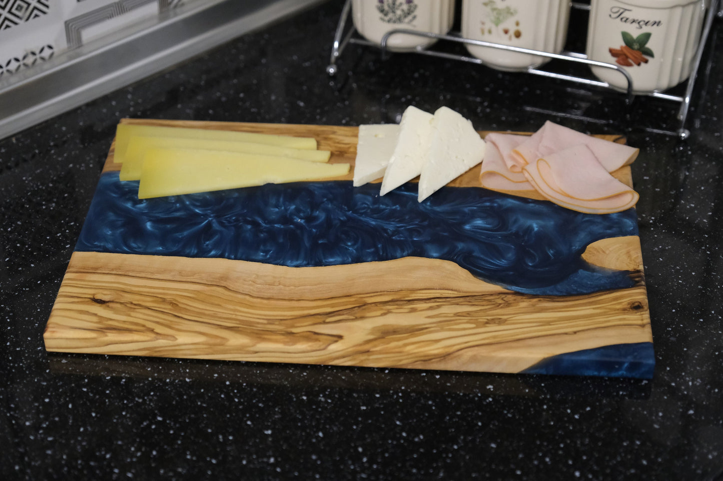 Handmade Olive Wood Epoxy River Cutting Board: Navy Blue Resin Charcuterie Board