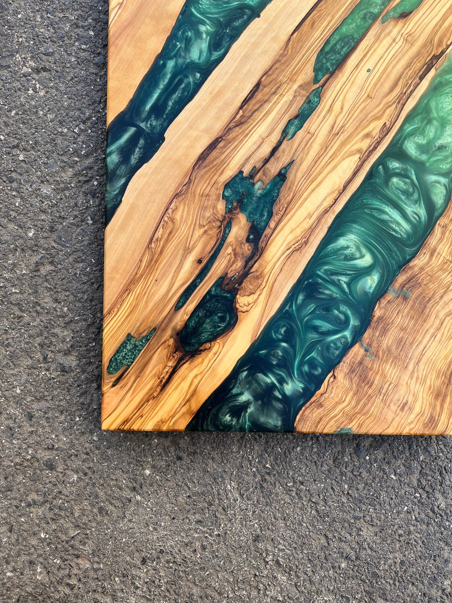 Handmade Olive Wood Charcuterie Board: Green Epoxy Resin River