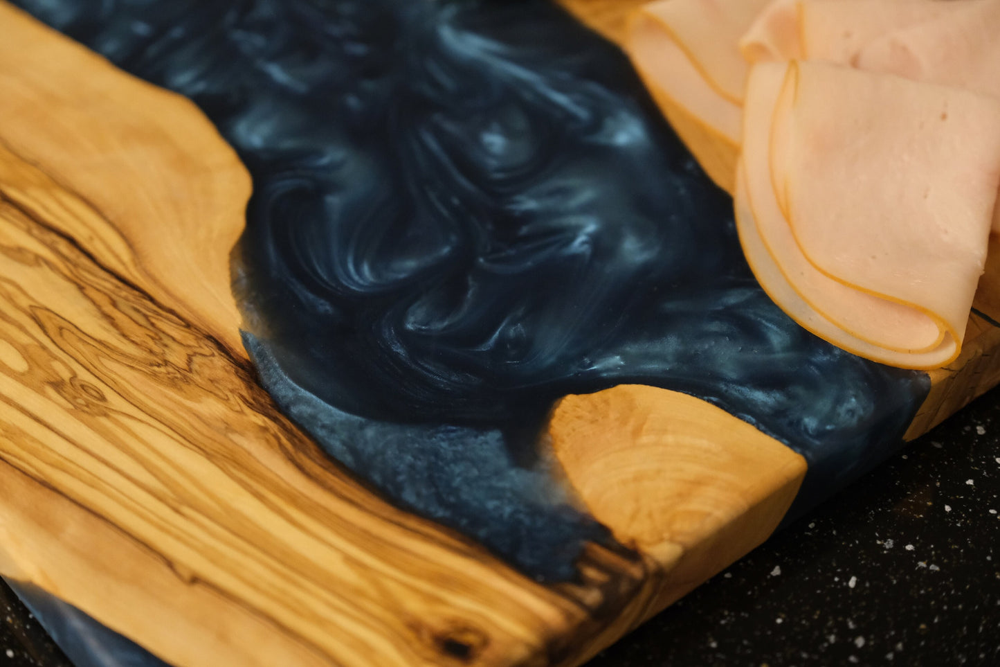 Handmade Olive Wood Epoxy River Cutting Board: Navy Blue Resin Charcuterie Board