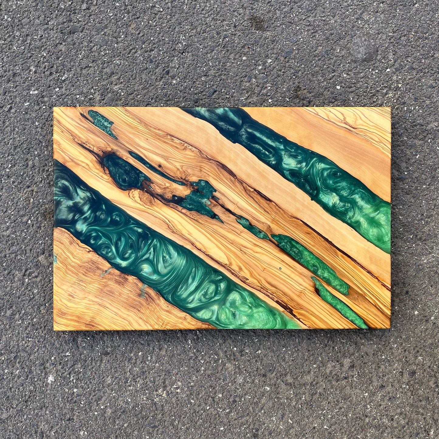 Handmade Olive Wood Charcuterie Board: Green Epoxy Resin River