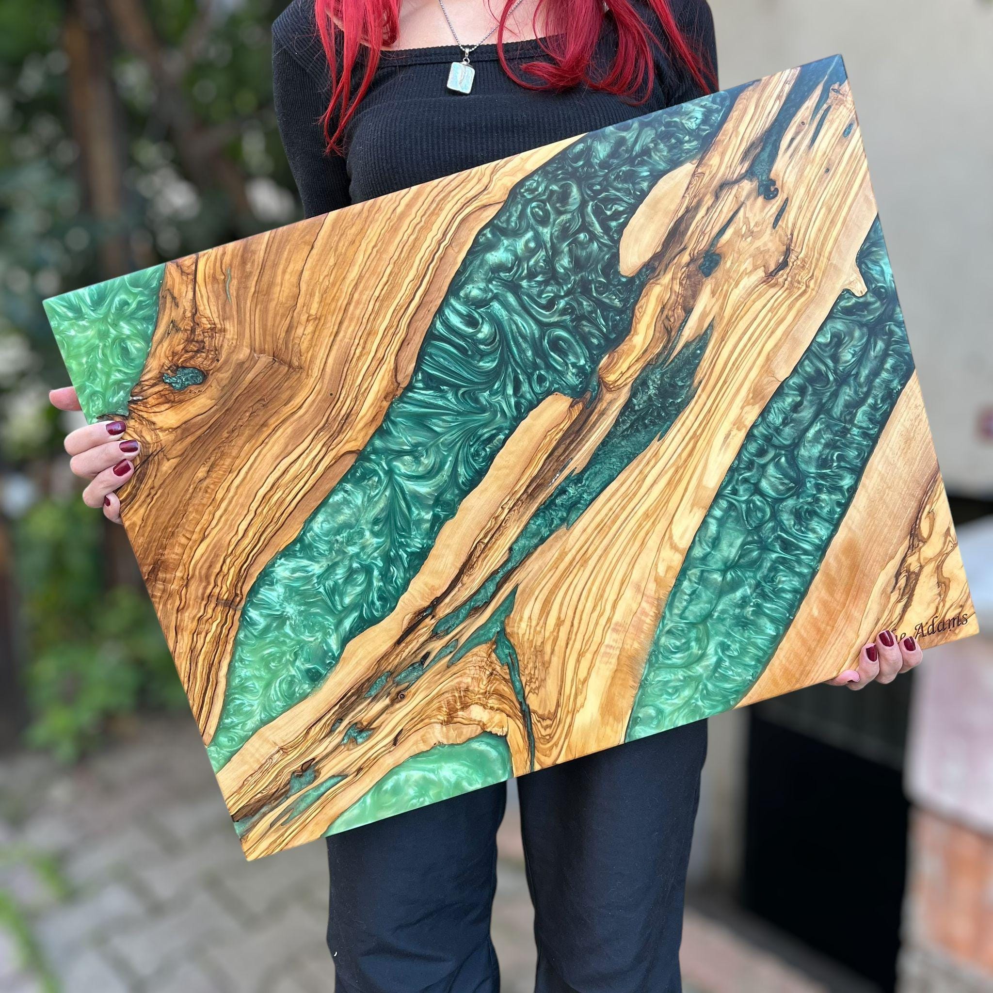 Handmade Olive Wood Charcuterie Board: Blue Resin River Serving Board