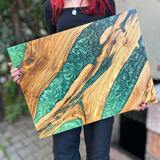 Handmade Olive Wood Charcuterie Board: Blue Resin River Serving Board