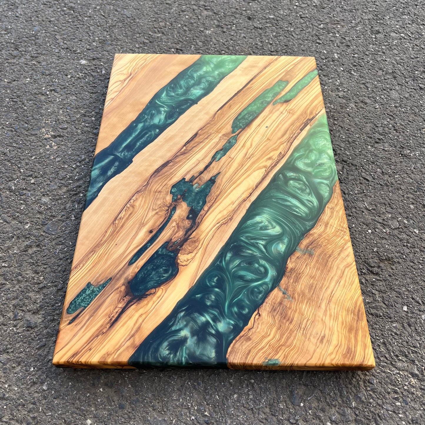 Handmade Olive Wood Charcuterie Board: Green Epoxy Resin River