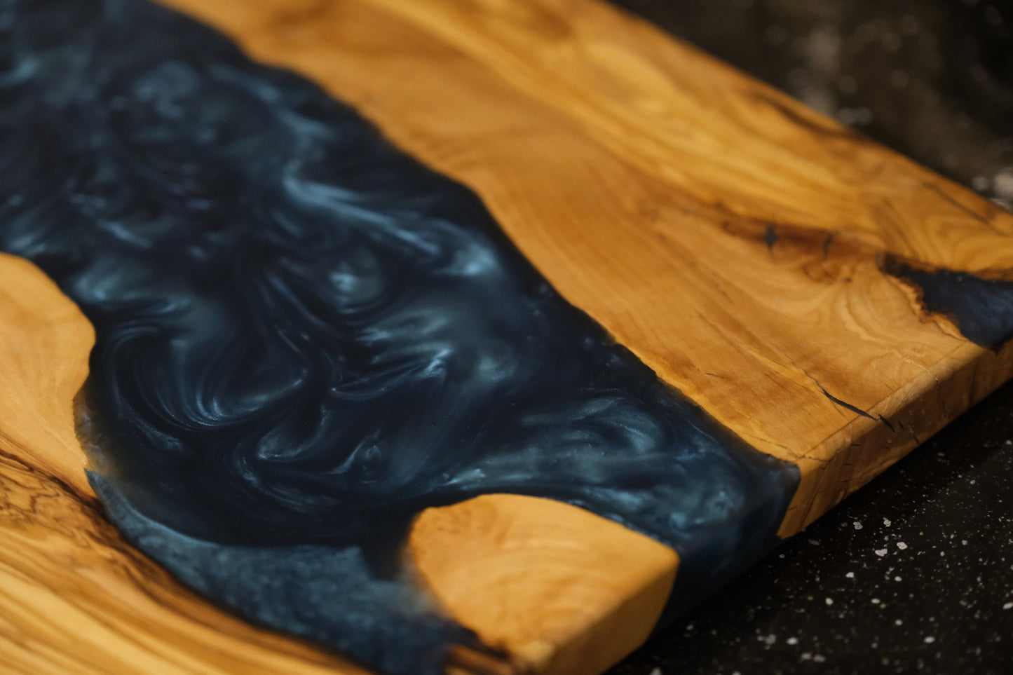 Handmade Olive Wood Epoxy River Cutting Board: Navy Blue Resin Charcuterie Board