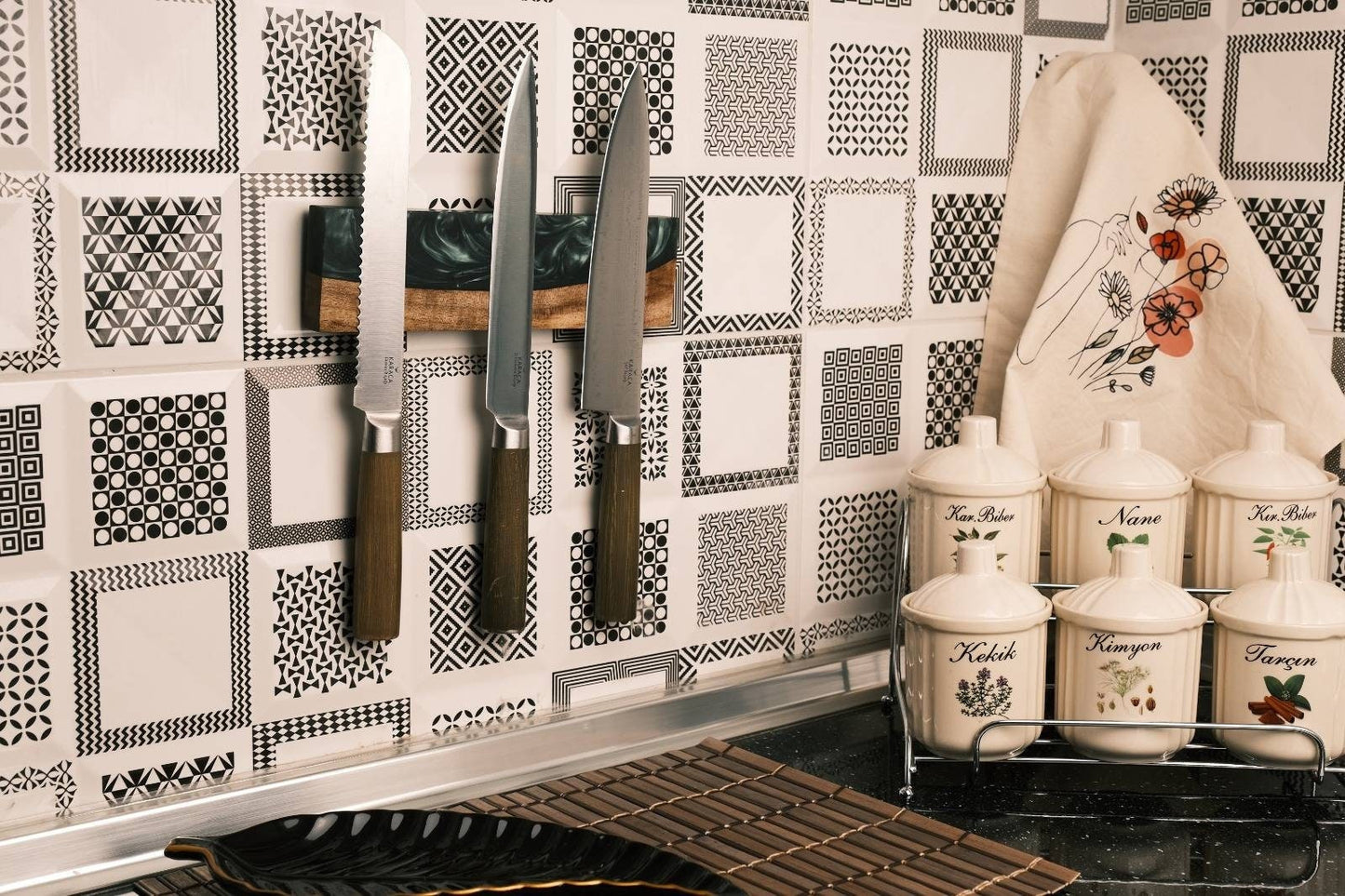 Handmade Walnut Wood Magnetic Knife Block with Resin