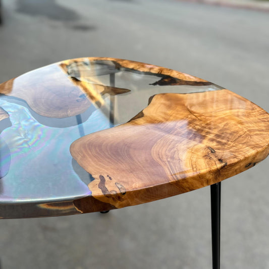 Triangle Epoxy Resin Coffee Table: Modern Olive Wood Accent Table