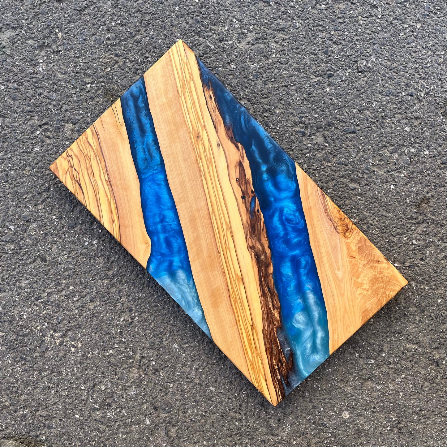 Handmade Olive Wood Charcuterie Board: Blue Resin River Design