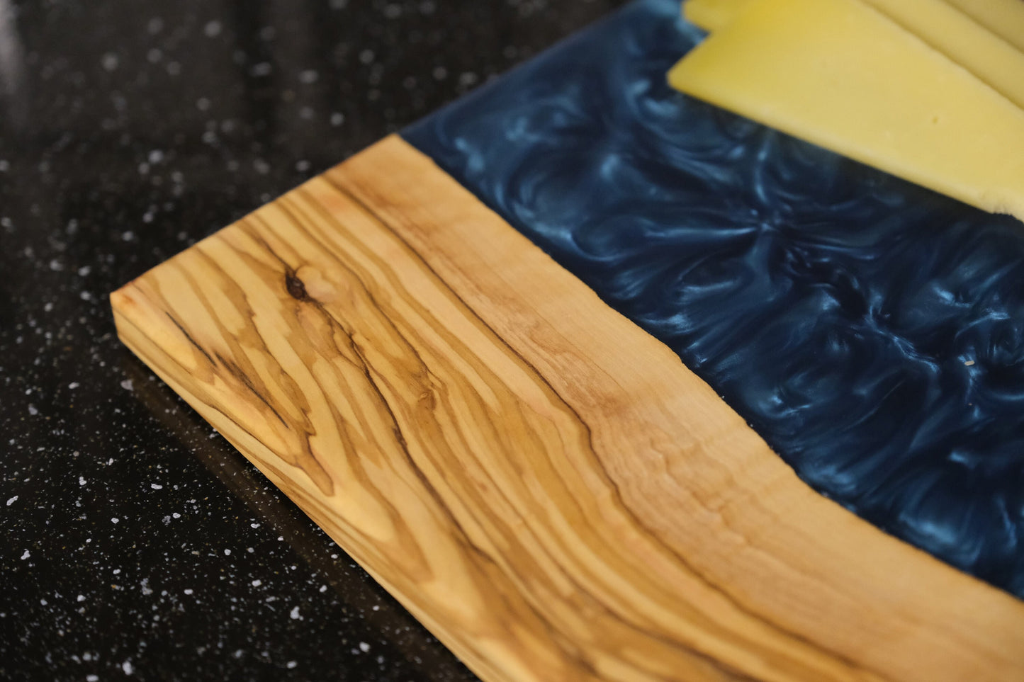 Handmade Olive Wood Epoxy River Cutting Board: Navy Blue Resin Charcuterie Board