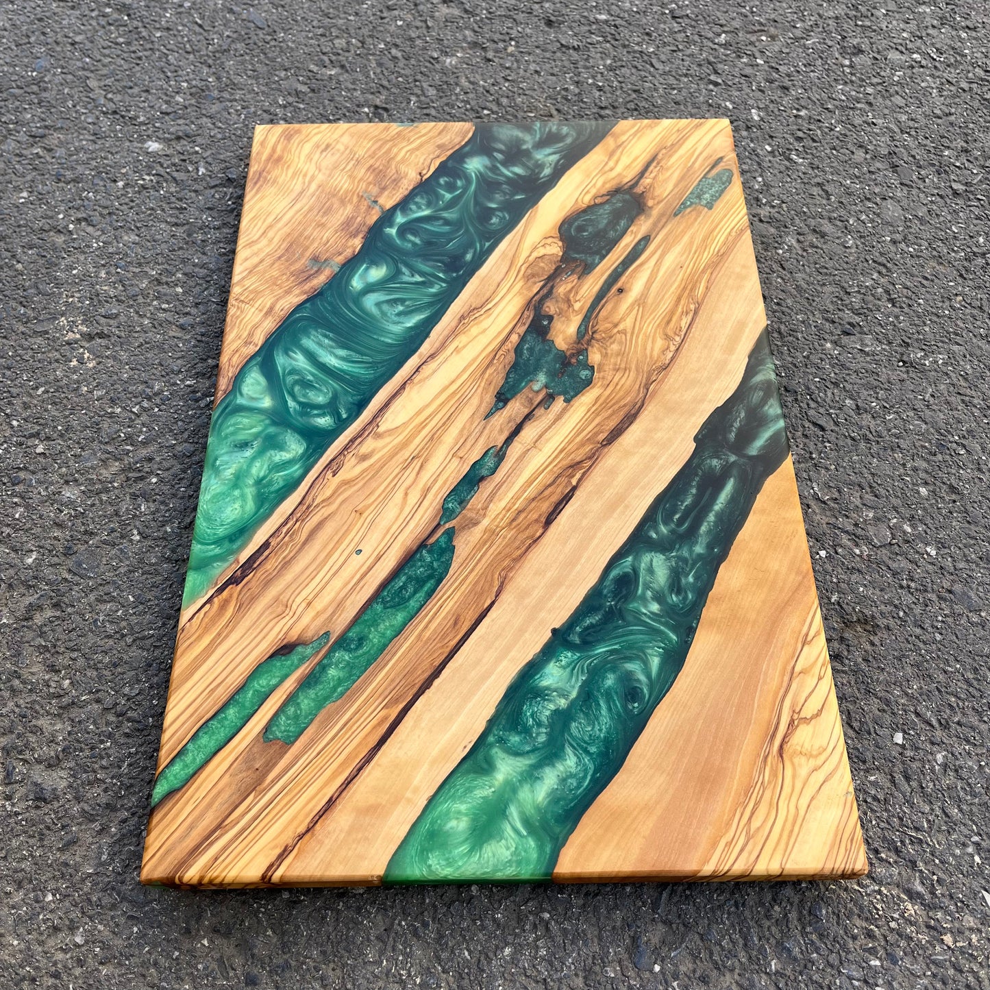 Handmade Olive Wood Charcuterie Board: Green Epoxy Resin River