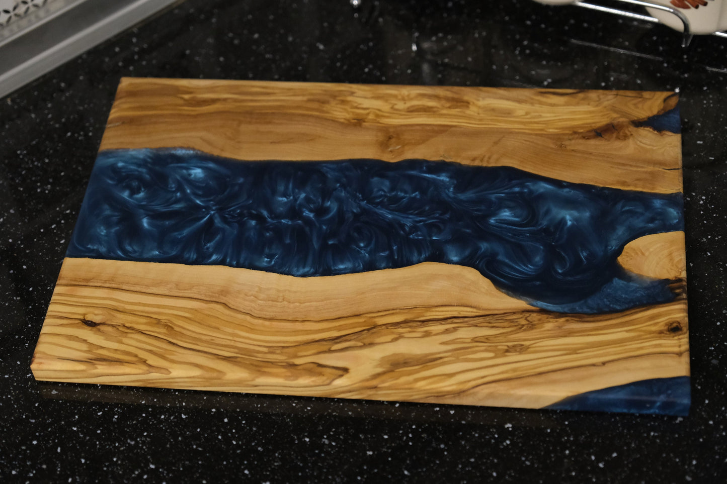 Handmade Olive Wood Epoxy River Cutting Board: Navy Blue Resin Charcuterie Board