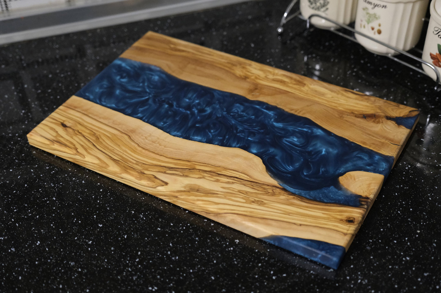 Handmade Olive Wood Epoxy River Cutting Board: Navy Blue Resin Charcuterie Board