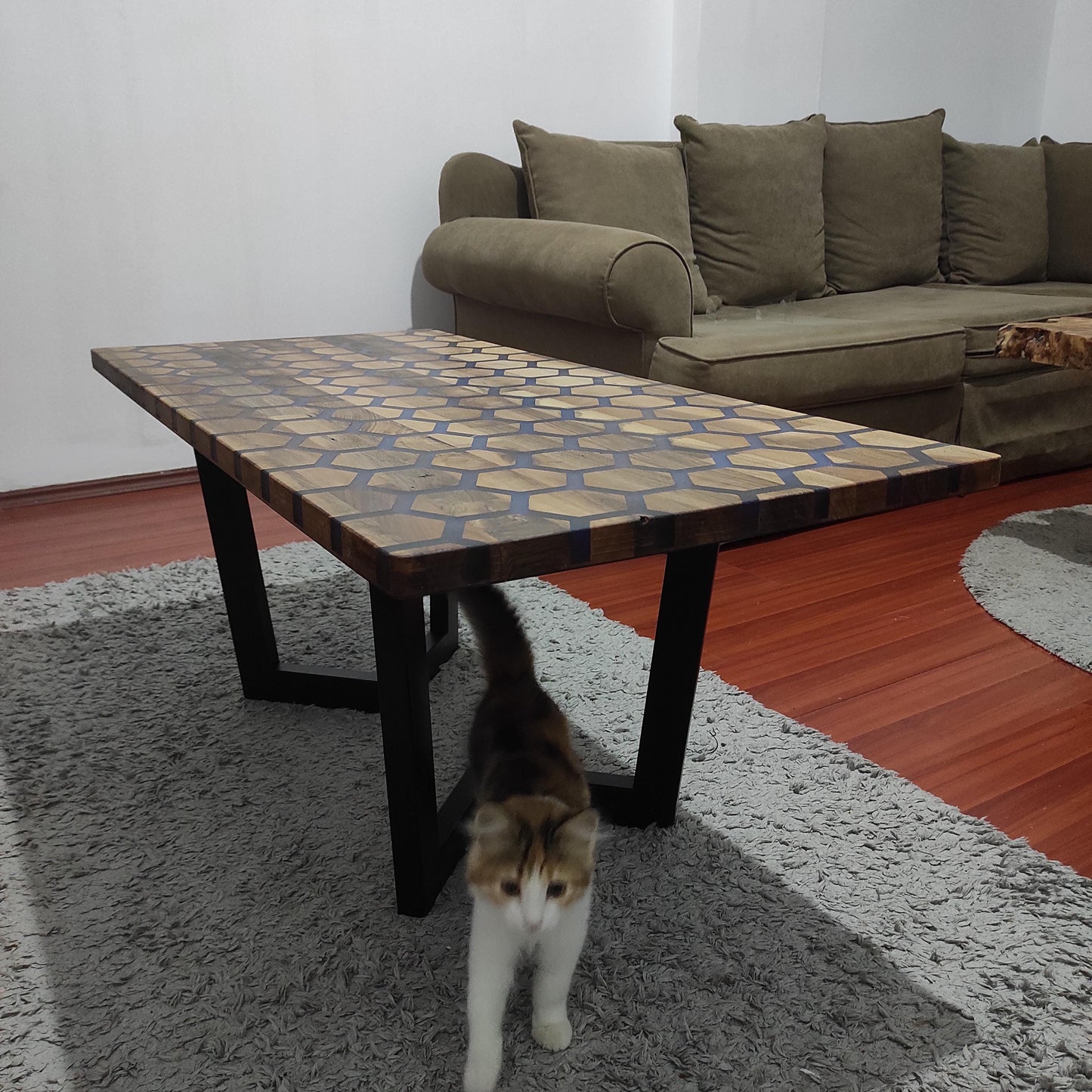 Handmade Hexagonal Olive Wood Coffee Table with Epoxy Resin