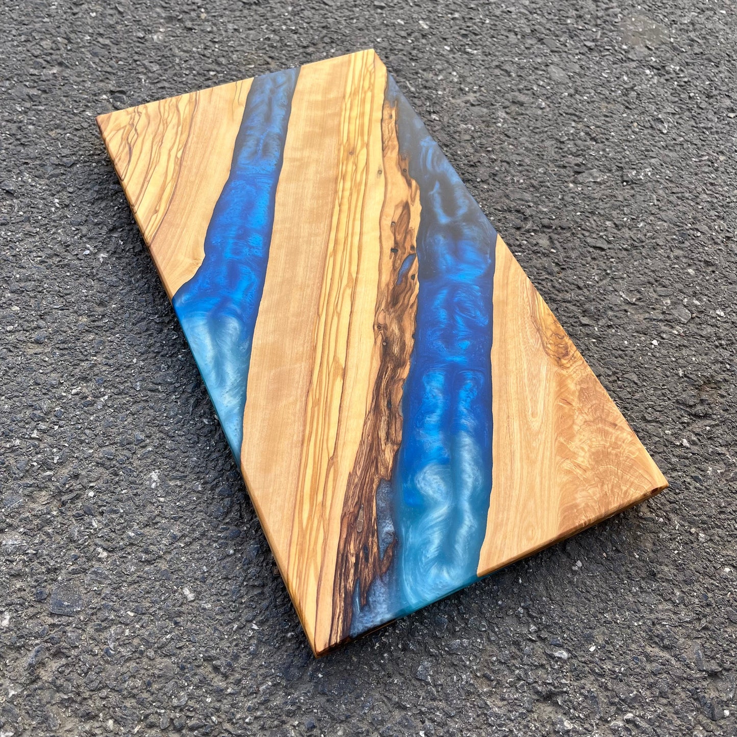 Handmade Olive Wood Charcuterie Board: Blue Resin River Design