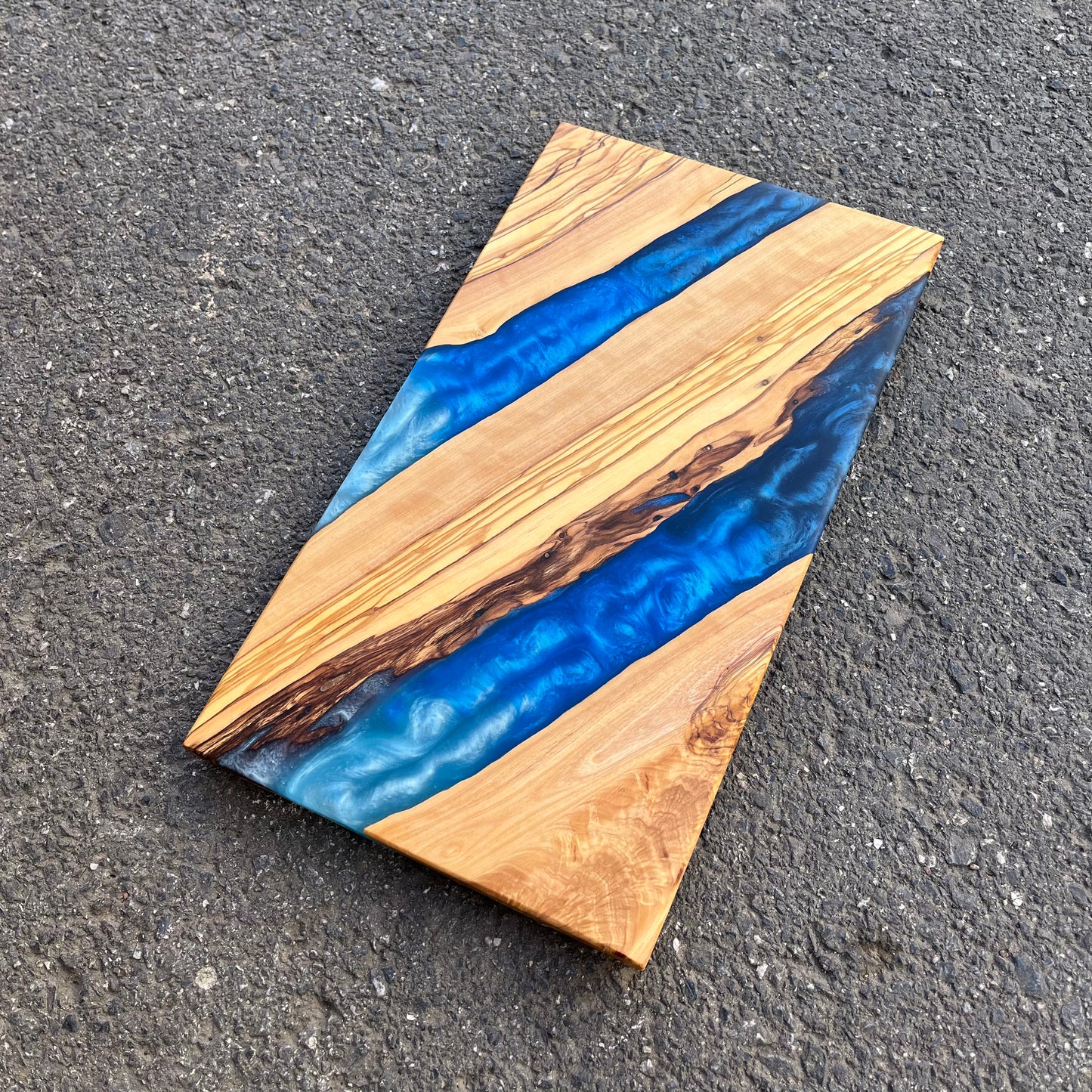 Handmade Olive Wood Charcuterie Board: Blue Resin River Design