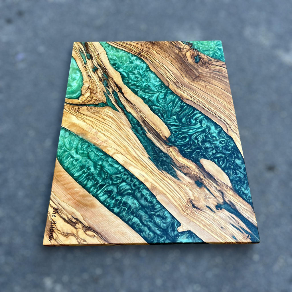 Handmade Olive Wood Charcuterie Board: Blue Resin River Serving Board
