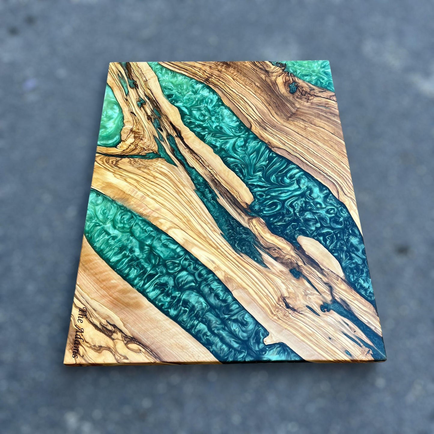 Handmade Olive Wood Charcuterie Board: Blue Resin River Serving Board