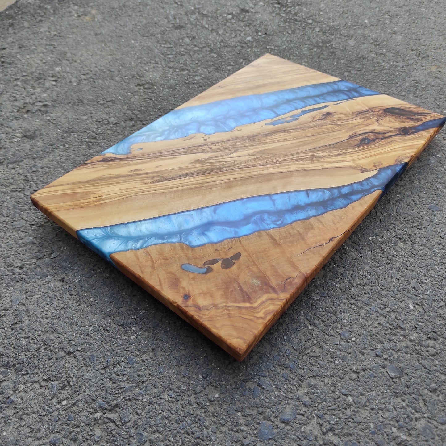 Handmade Olive Wood Charcuterie Board: Blue Resin River Design